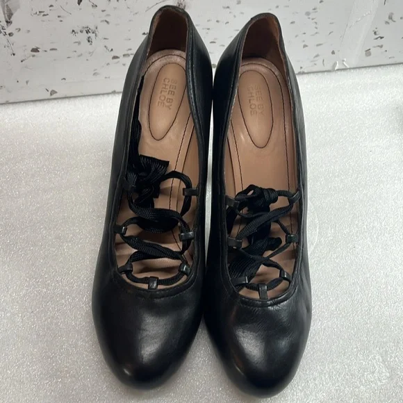 See by Chloe Black Lace Up Heels Pumps Sz 41 - Picture 2 of 14